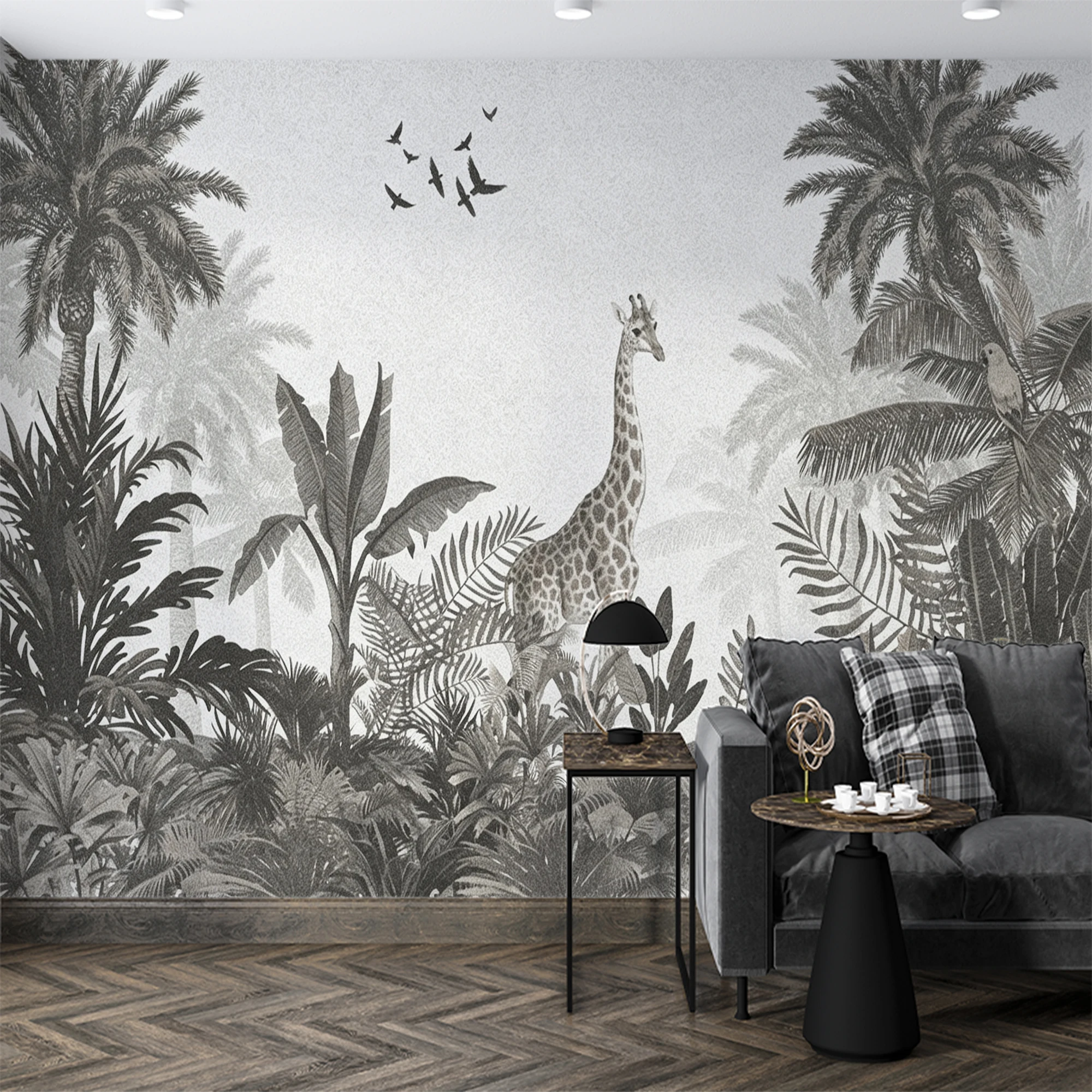 Custom Grey Vintage Safari Giraffe Wall Mural Tropical Jungle Palm Tree Bird Animal Wallpaper for Living Room Bedroom Kids Room