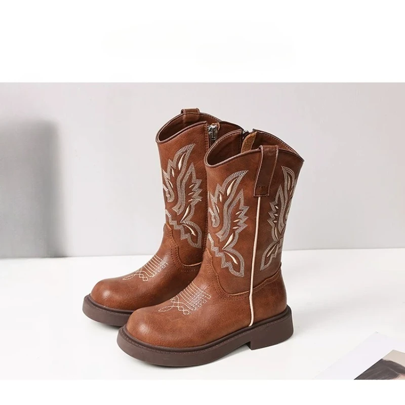 2026 New Children's Shoes Classic Western Cowboy Embroidery Girls Long Boots Kids Autumn Winter Soft Sole Retro Princess Boots