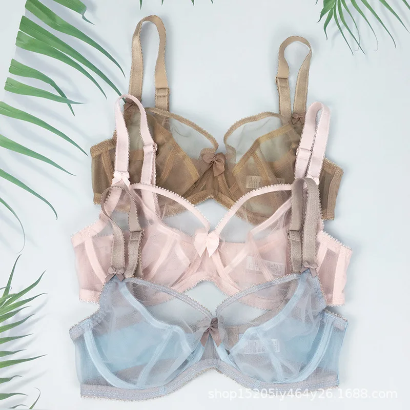 

Summer transparent glass mesh sexy big cup bra with steel ring breathable comfortable large size underwear 75-95BCDEF