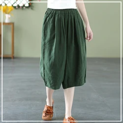 2024 New Summer Fashion Casual Simple Lazy Retro Art Elastic Waist Pocket Solid Color Loose Oversized Harlan Capris for Women