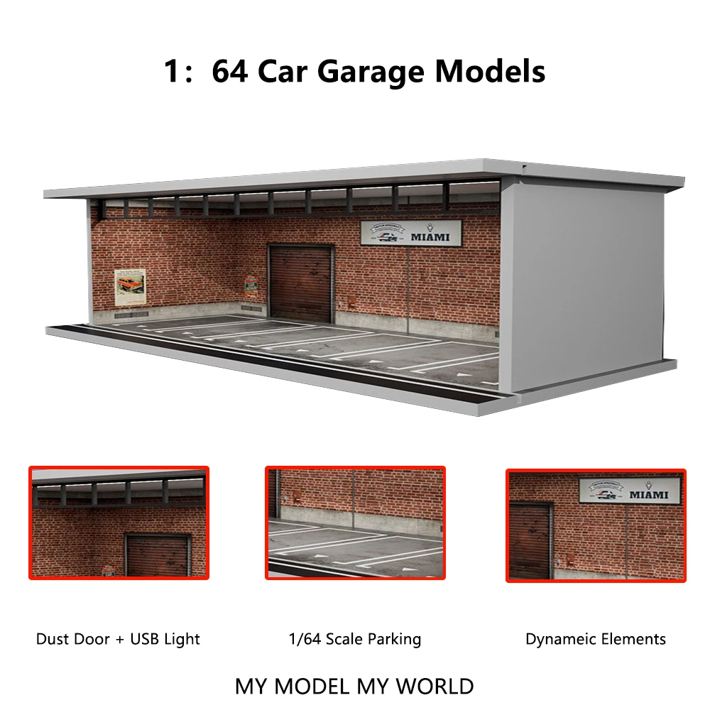 더 많은 예술 1/64 모델 주차 공간 로트 디오라마 자동차 주차 공간 조명 시뮬레이션 장식 장면