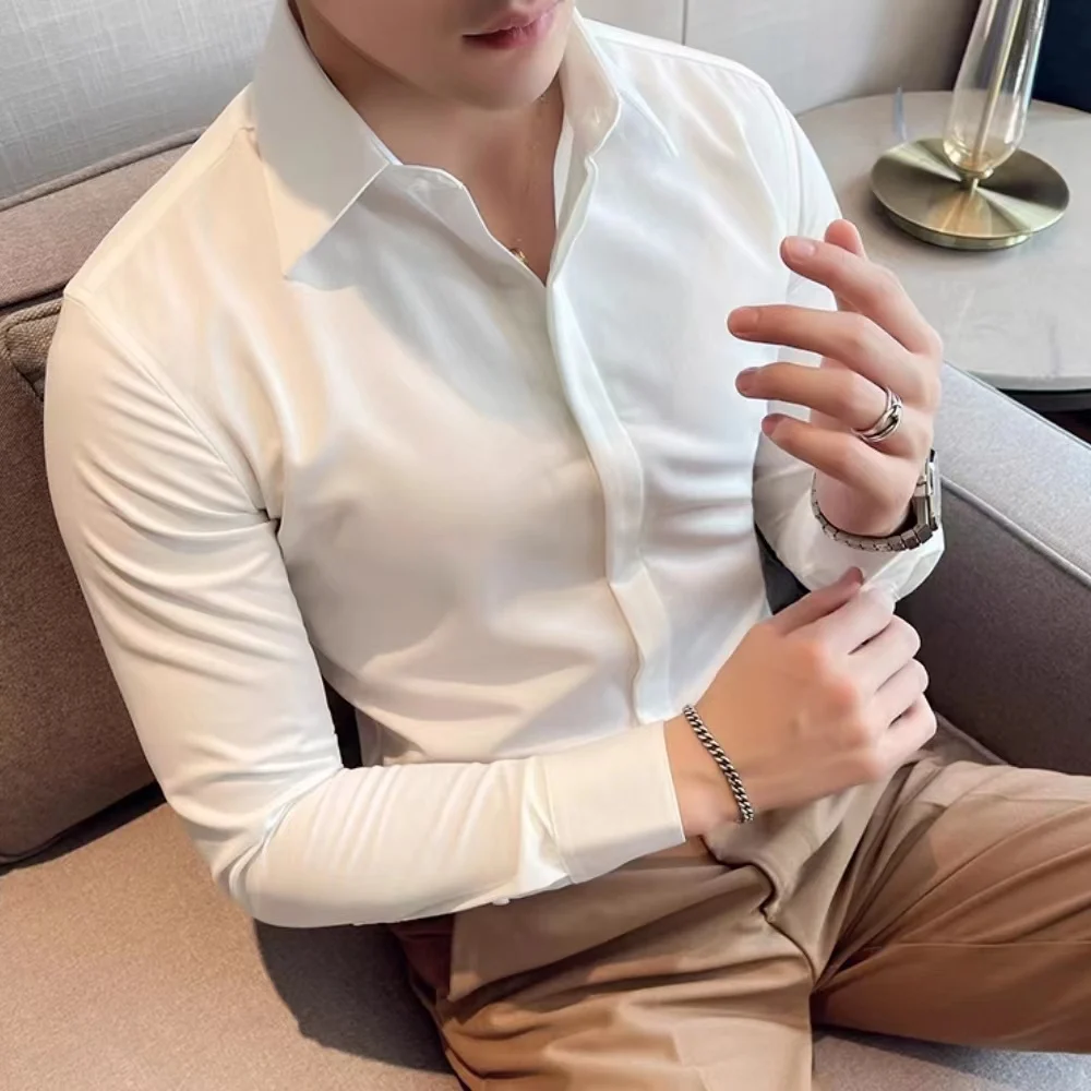 Autumn Winter Men's Plush Natural Color Business French V-neck High-end Shirt Casual Fashion Solid Color Top