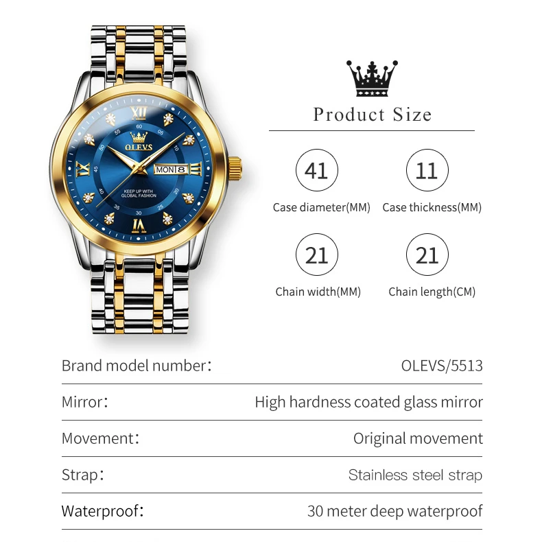 OLEVS 5513, деловые кварцевые часы, подарок, круглый циферблат, ремешок для часов из нержавеющей стали, наручные часы с дисплеем недели, светящийся календарь