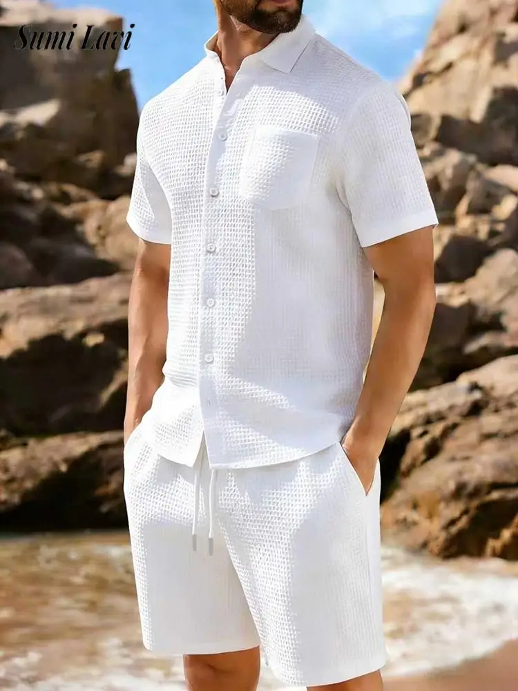 

Vintage Waffle Plaid Textured Outfits Mens 2026 Summer Casual Short Sleeve Shirt And Shorts Two Piece Sets Men Fashionable Suits