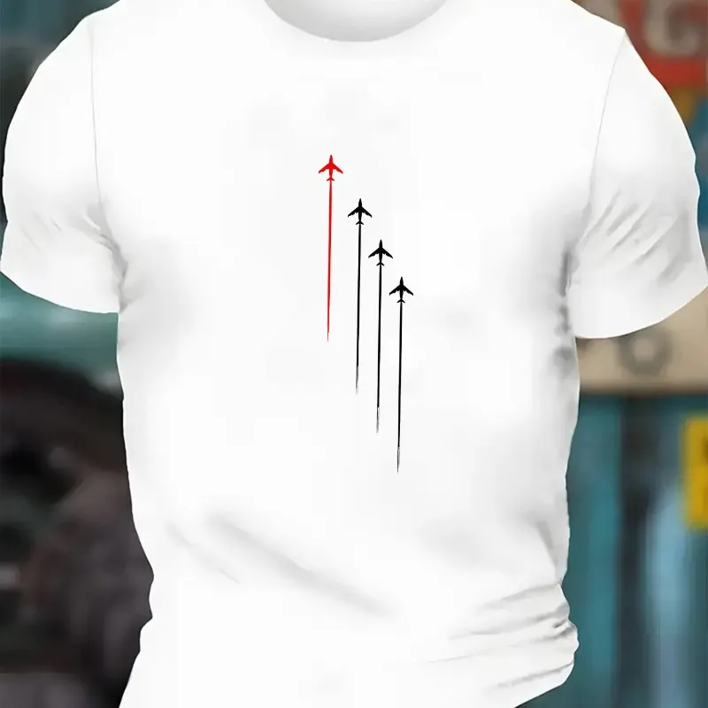 

Men's Summer Fashion Casual Loose Large Size Geometric Airplane Pattern Printed Round Neck Short Sleeve T-shirt Top Summer 2025