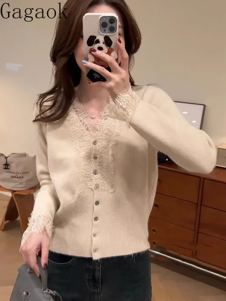 Gagaok Casual V Neck Lace Patchwork Cardigans Korean Fashion Gentle Solid Slimming Knitted Cardigan 204 Autumn Sweater Coat