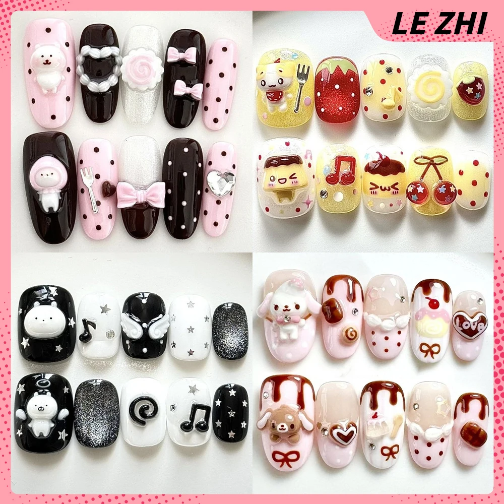 

Cartoon Rilakkuma Cat Rabbit Panda Handmande Press On Nail Strawberry Cherry Apple Dessert Clover Four-Leaf Clover Bow Fake Nail