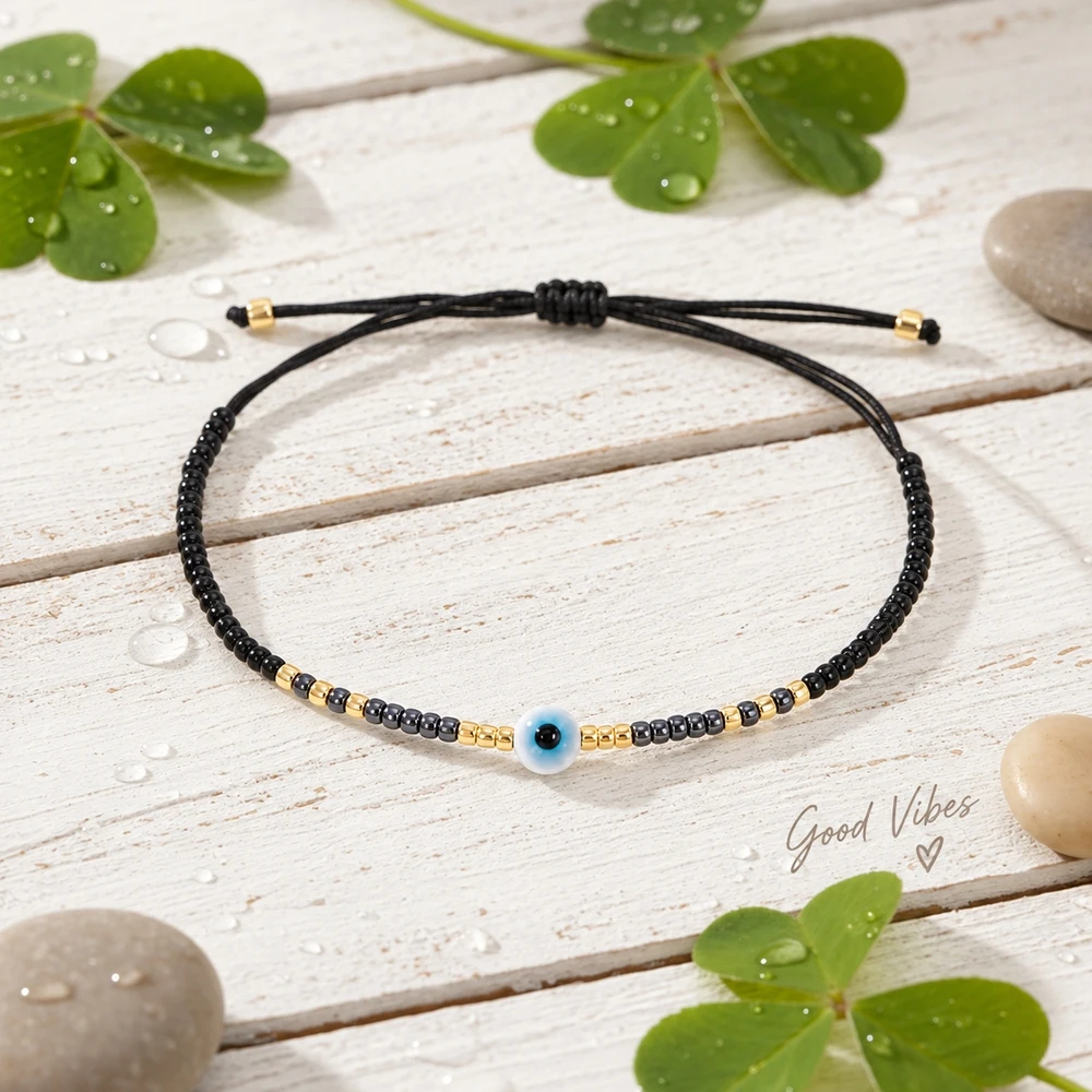 1pc Adjustable Black Cord Plastic Beaded Bracelet Blue Eye Center Bead Gold Color Copper Accents 28cm Unisex Trendy