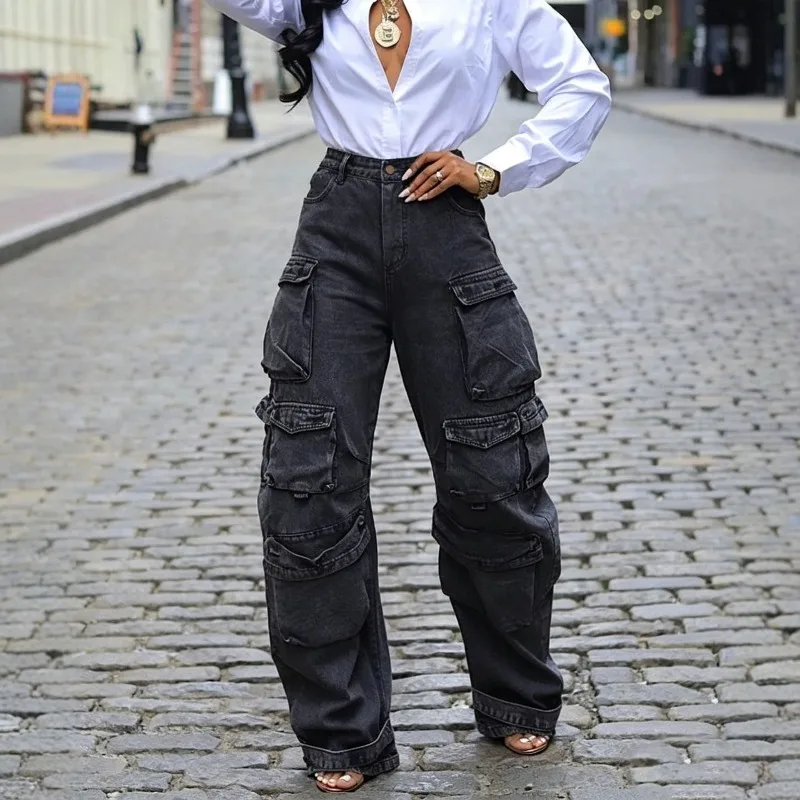 Women Streetwear Straight Leg Pants Loose Fit Multi Pocket Casual Denim Long Trousers