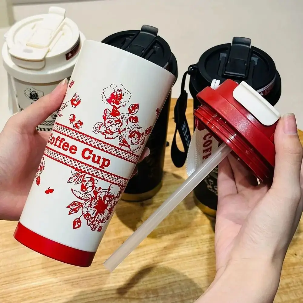 Valley Flower Cute Water Bottle With Straw Vacuum Insulated 500ml Coffee Cup With Straw INS Style Leakproof