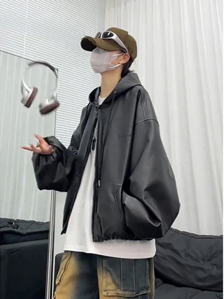 

Bla Biker ort Jaet Мужское весенне-осеннее бейсбольное кожаное пальто с капюшоном в американском стиле High Street Vibe Youth Faion