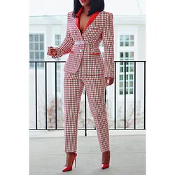 Plus Size Semi Formal Pant Set Red Plaid Lapel Collar Long Sleeve Two Piece Pant Set