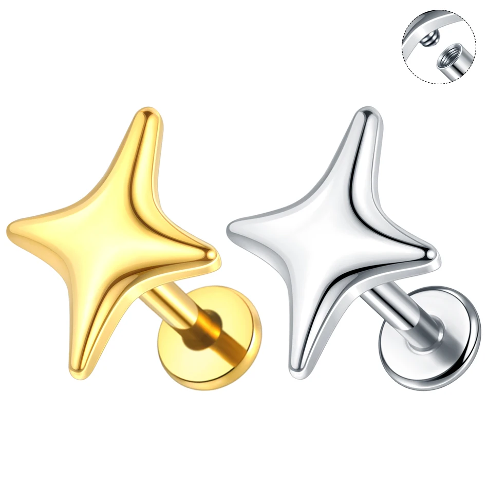 1/5pcs Stainless Steel Four-Pointed Star Conch Labret Lip Stud Internally Threaded Cartilage Helix Tragus Piercing Body Jewelry