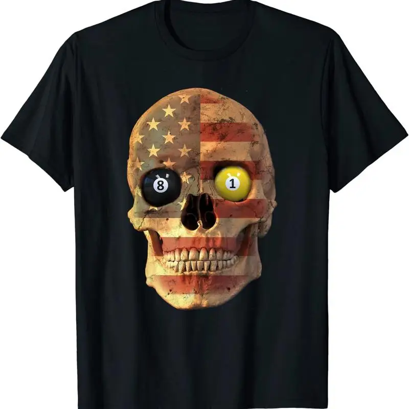 

NEW LIMITED Funny Pool Billiard Design Skull with US Flag T Shirt Size S 3XL