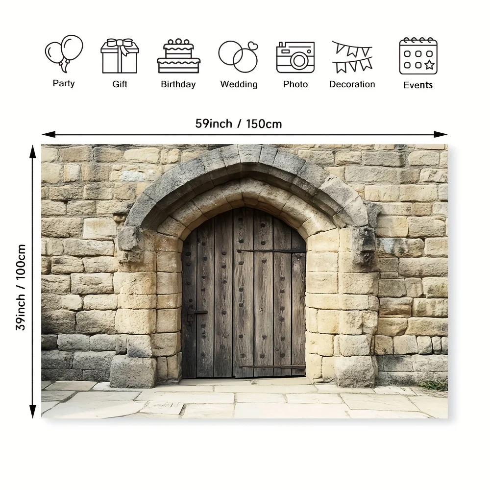 قطعة واحدة من خلفية حائط حجر القدس القديمة - قماش معلق عالي الجودة بتصميم قوس قديم وباب خشبي #3