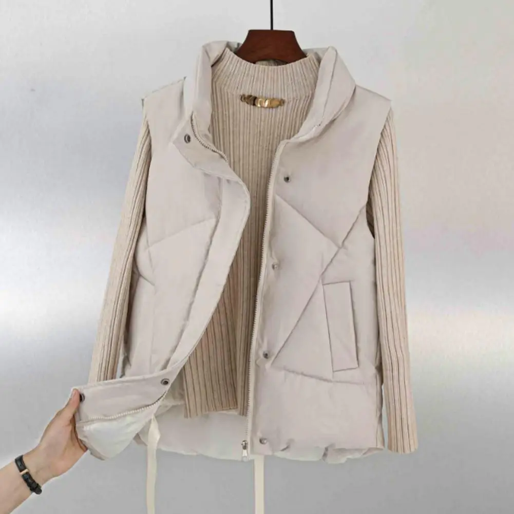 Chaqueta sin mangas para mujer, chaleco acolchado de algodón cálido a prueba de viento, con cuello levantado y cordón, Otoño e Invierno