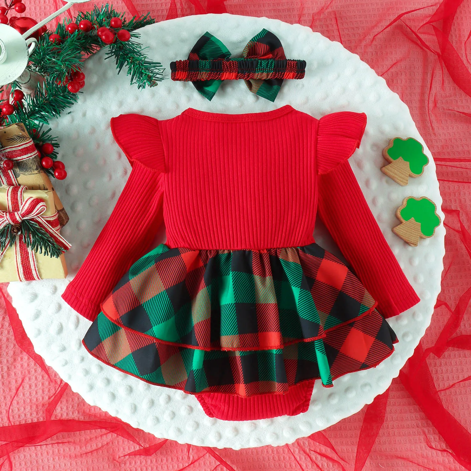 Baby Girl Christmas Clothes Cartoon Deer Santa Plaid Bodysuit Dress For Infants Newborns My First New Year Costume For Babies