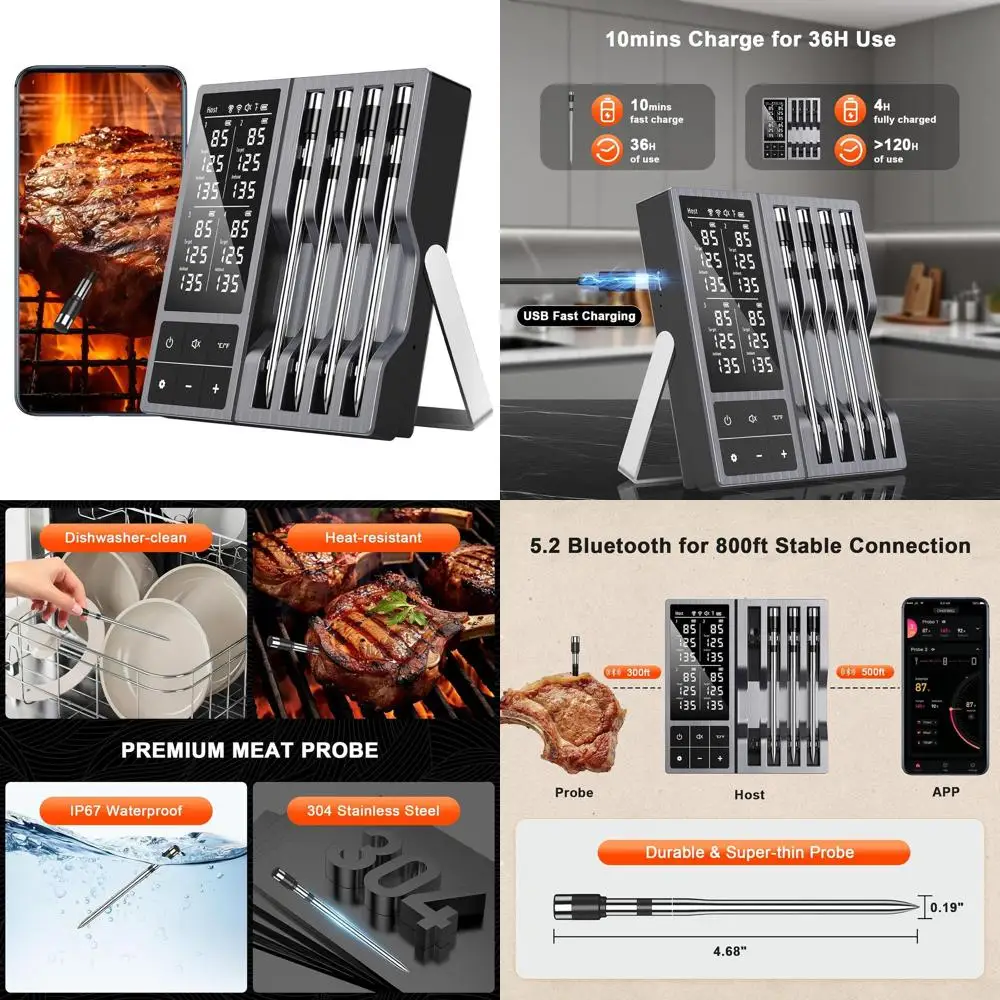 

Беспроводной термометр для мяса Bluetooth со оповещением о приложении, 4 зонда, дальность действия 800 футов, ± 0,5 ° Точность F для барбекю и использования на кухне