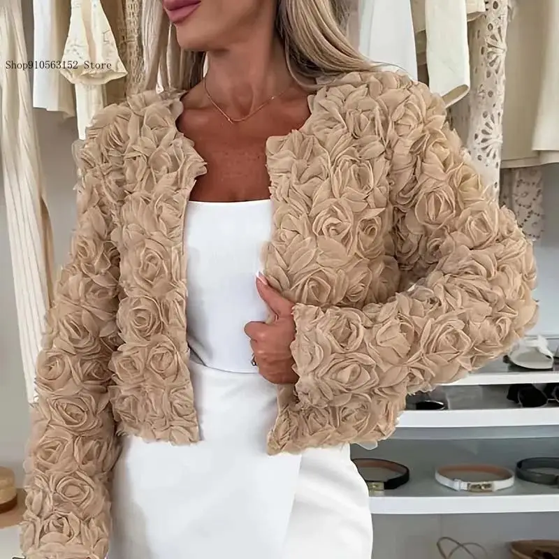 Spring and Autumn Simple Pure Color Round Neck Tops with Three-Dimensional Flower Shaped Texture Long Sleeved Jacket for Women