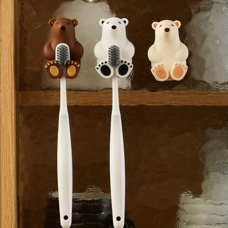 Multipurpose Wall Mounted Cartoon Bear Toothbrush Holder Draining Organization Rack for Children Girl Boys Bathroom B03E