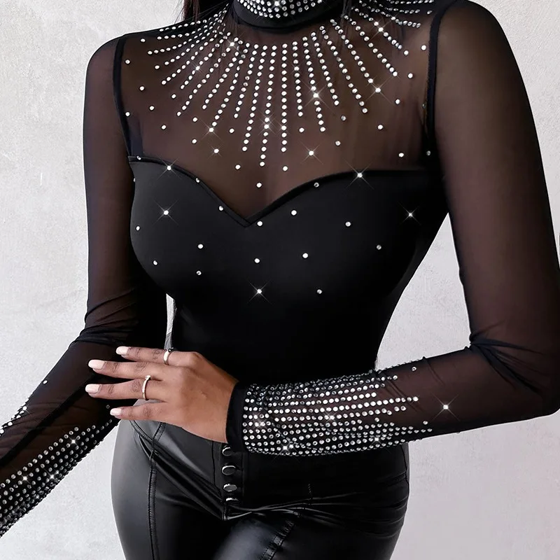 

2024 Autumn Winter New Women's Clothing Pure Color Mesh Stitching Rhinestone Long-Sleeved Jumpsuit