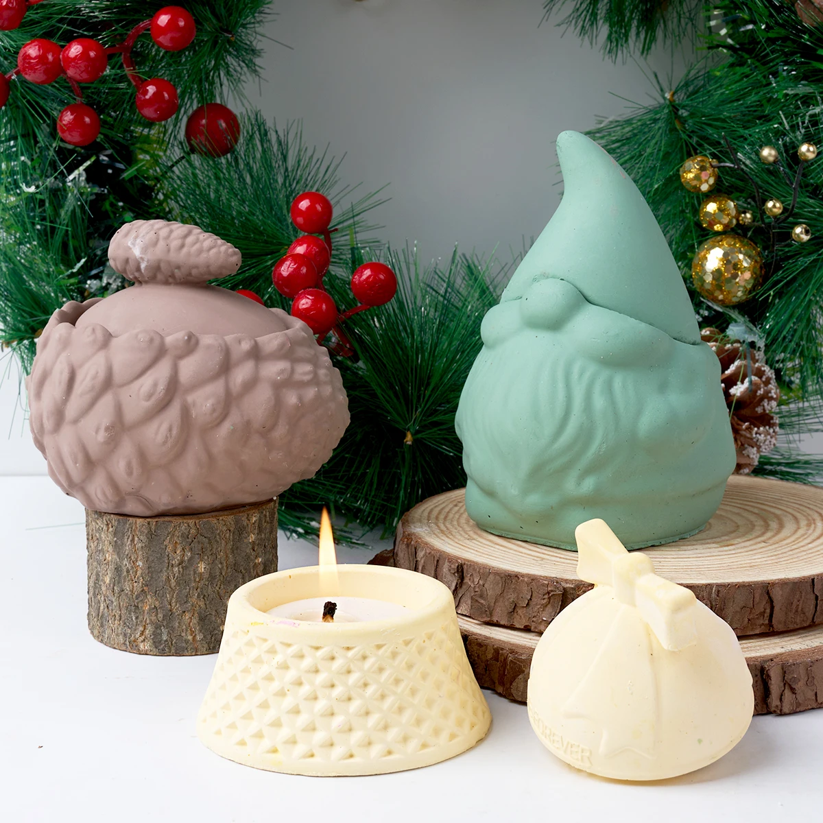 Santa Claus Bell Pine Cone Storage Box Silicone Mold DIY Candle Jar Gypsum 3D Craft Making Candle Holder Casting Mold Home Decor