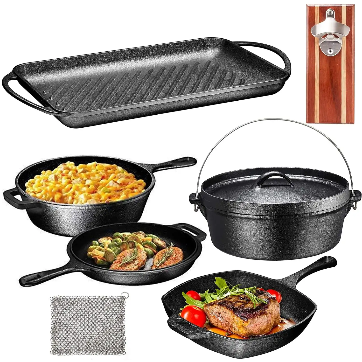 Pre-Seasoned  Cast Iron Cookware Set w/Multi Cooker, Grill Pan, Dutch Oven Perfect for indoor cooking, camping, barbecuing