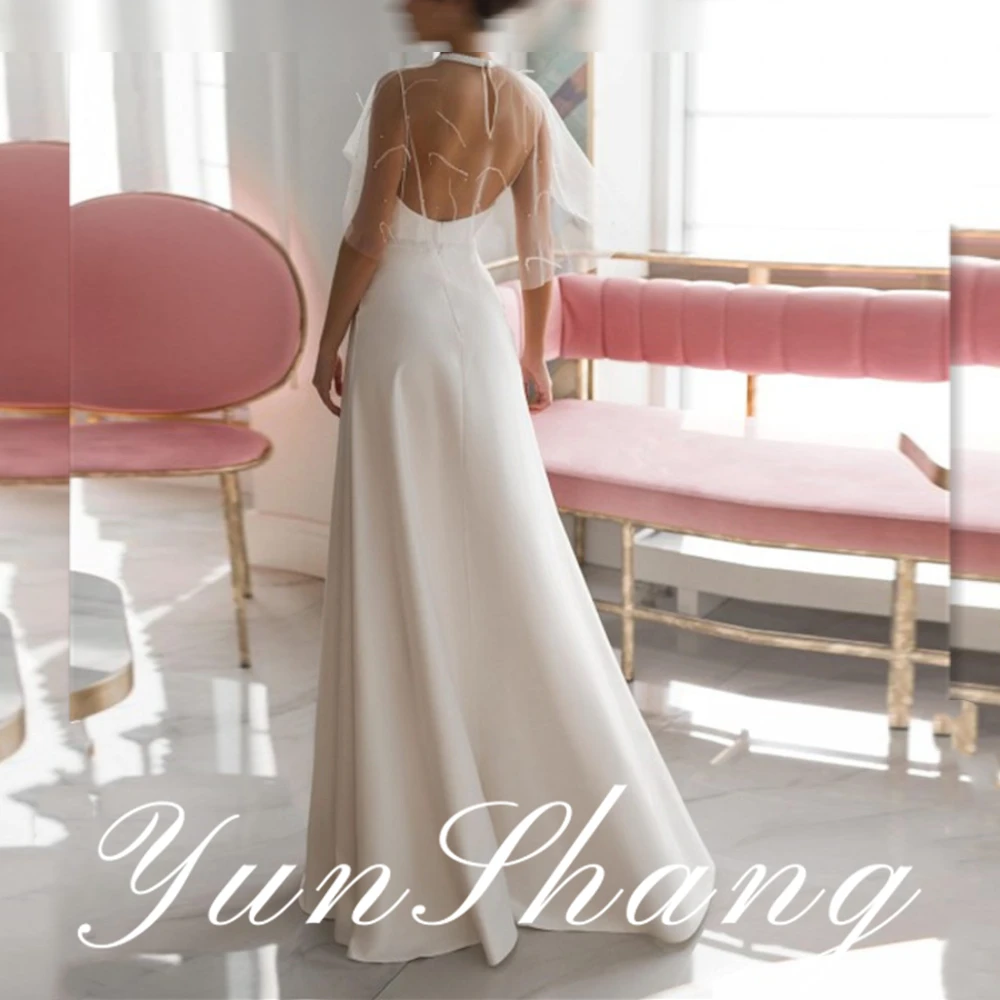 Yunshang Customized Detachable Cap Sleeves Wedding Dresses O-Neck Pearls Backless Pleat Design Floor-Length Bridal Gown Stain