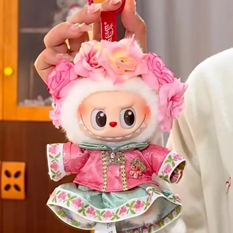 

17cm/6.7inch Labubu Pendant Doll Clothes Chinese Ethnic Style Dress With Flower Crown Ancient Style Skirts Outfit Ornament Gifts