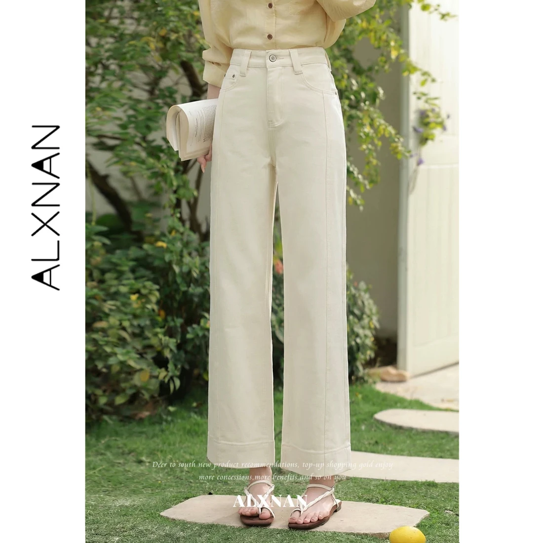 

ALXNAN Women's High Waist Straight Jeans Beige Summer Baggy Pants Casual Fashion Elegant Loose-fit Denim Pants Female L63176A