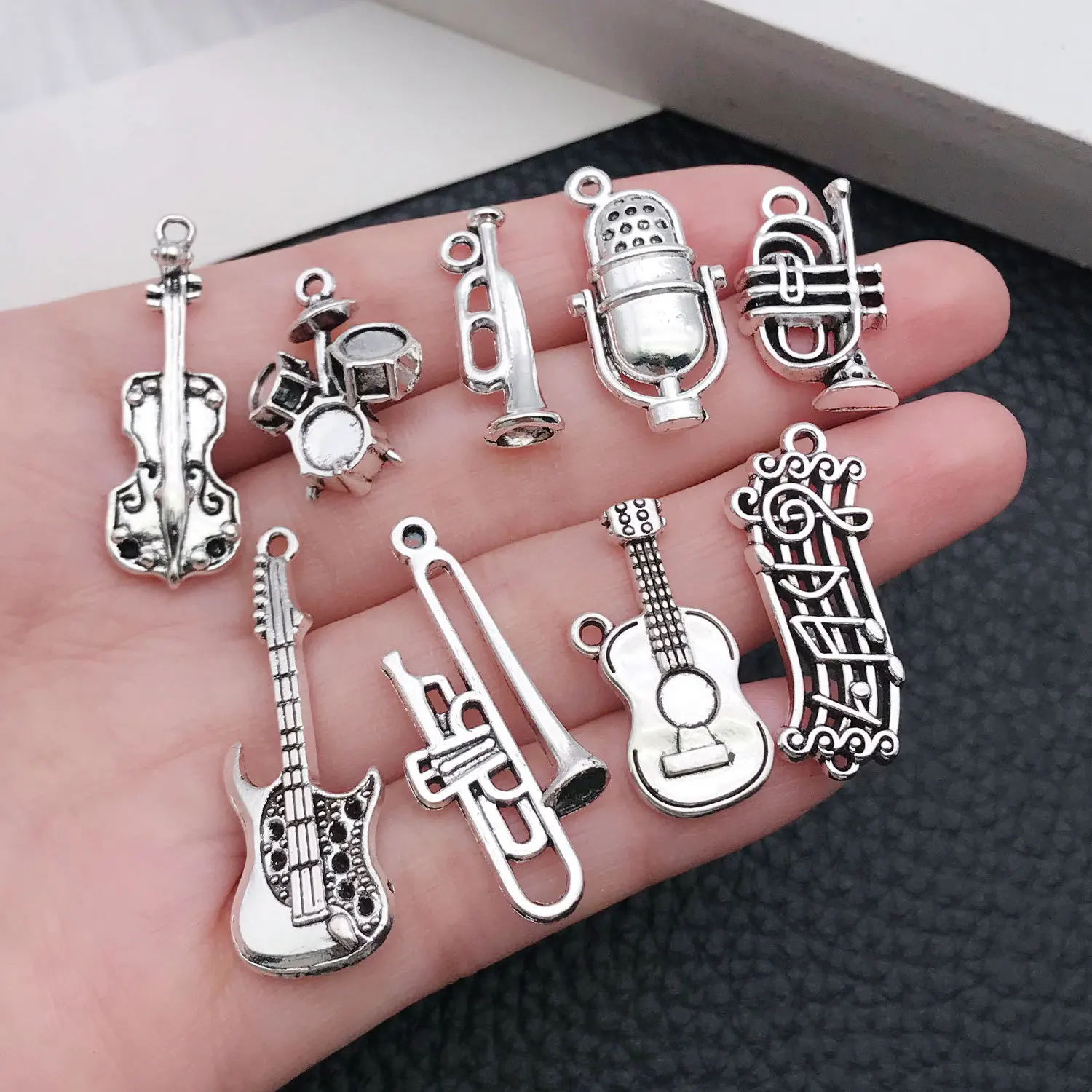 10psc Vintage Silver Music Instrument DIY Charms Cello Drum Trumpet Microphone Guitar Pendants for Bracelet Jewelry Making
