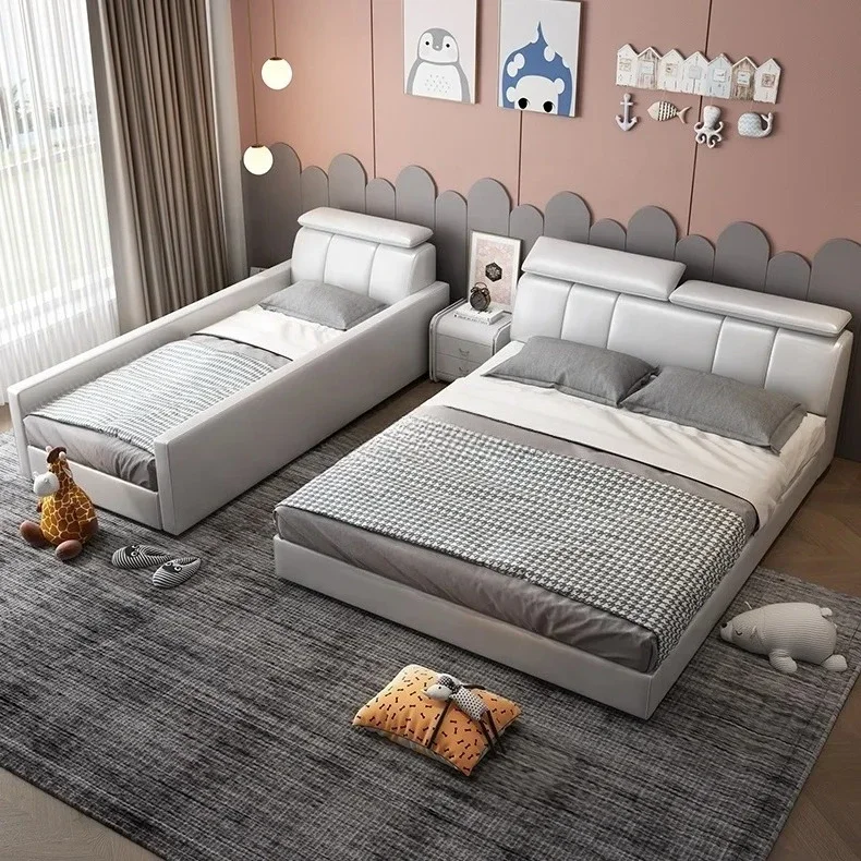 2022 Baby Twin Size Bed Frame With Adjustable Headrest Guardrail Customize Material Leather Fabric Kids Bed Bedroom