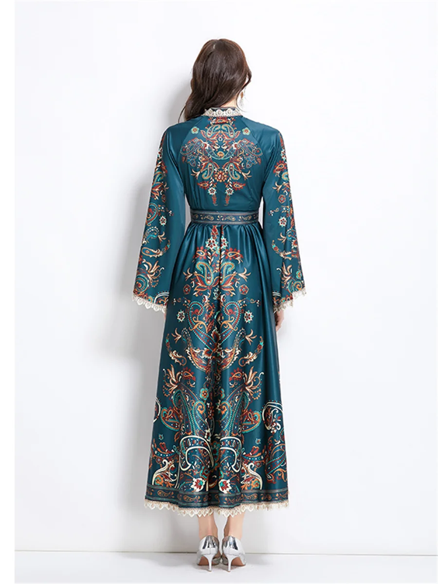 여름 휴가 화려한 꽃 긴 맥시 드레스 여성 스탠드 칼라 플레어 슬리브 벨트 캐주얼 a 라인 롱 드레스