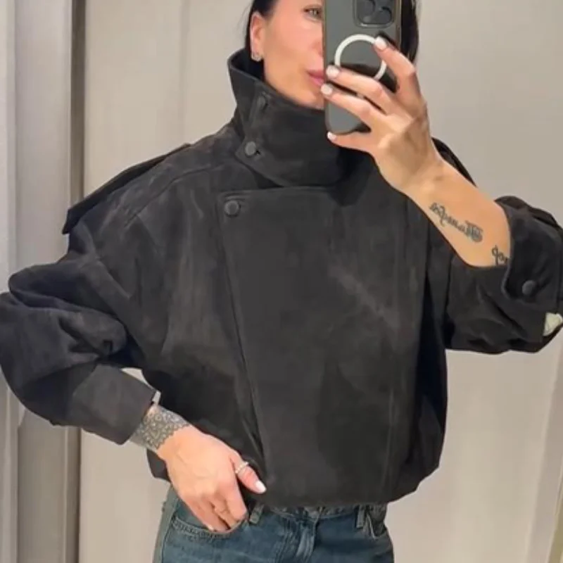Fashion Dark Grey Suede Bomber Jacket Women Stand Collar Oversize Asymmetric Street Coat 2026 Spring All Match Streetwear New