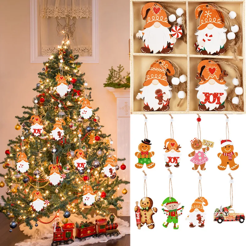 

12PCS Christmas Wooden Pendant Snowman Gingerbread Man Xmas Tree Hanging Ornament Chrisma Gift Navidad New Year Party Decoration