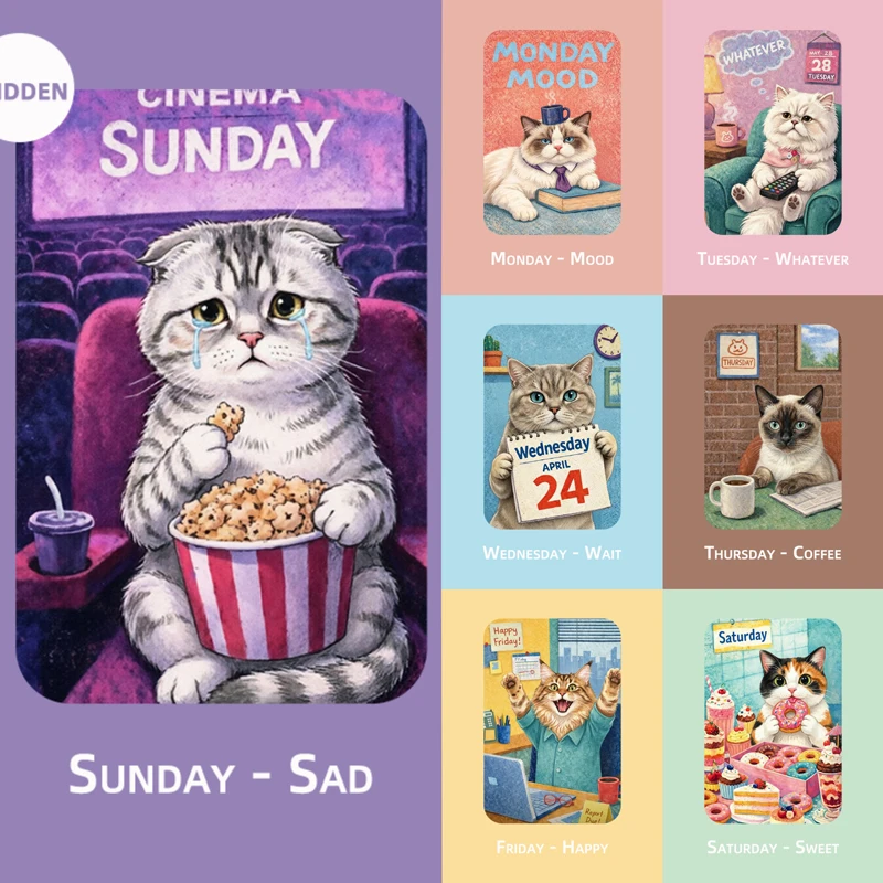 Week Cat Fridge Magnets 7 Pcs Vintage Acrylic Funny Daily Mood Tracker Cute Kitchen Calendar Collectible Set with Secret Sunday