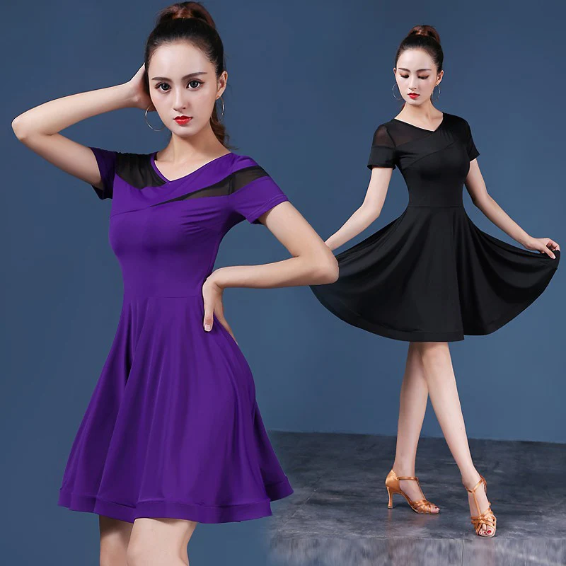 Sexy Dresses for Women Modern Professional Performance Training Short Sleeves Line Dance Clothing Women Purple Wear Costume Use