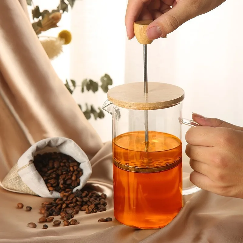 

350ml Wooden Lid Heat Resistant Borosilicate Glass Tea Press Stainless Steel French Press Coffee Maker with Plunger