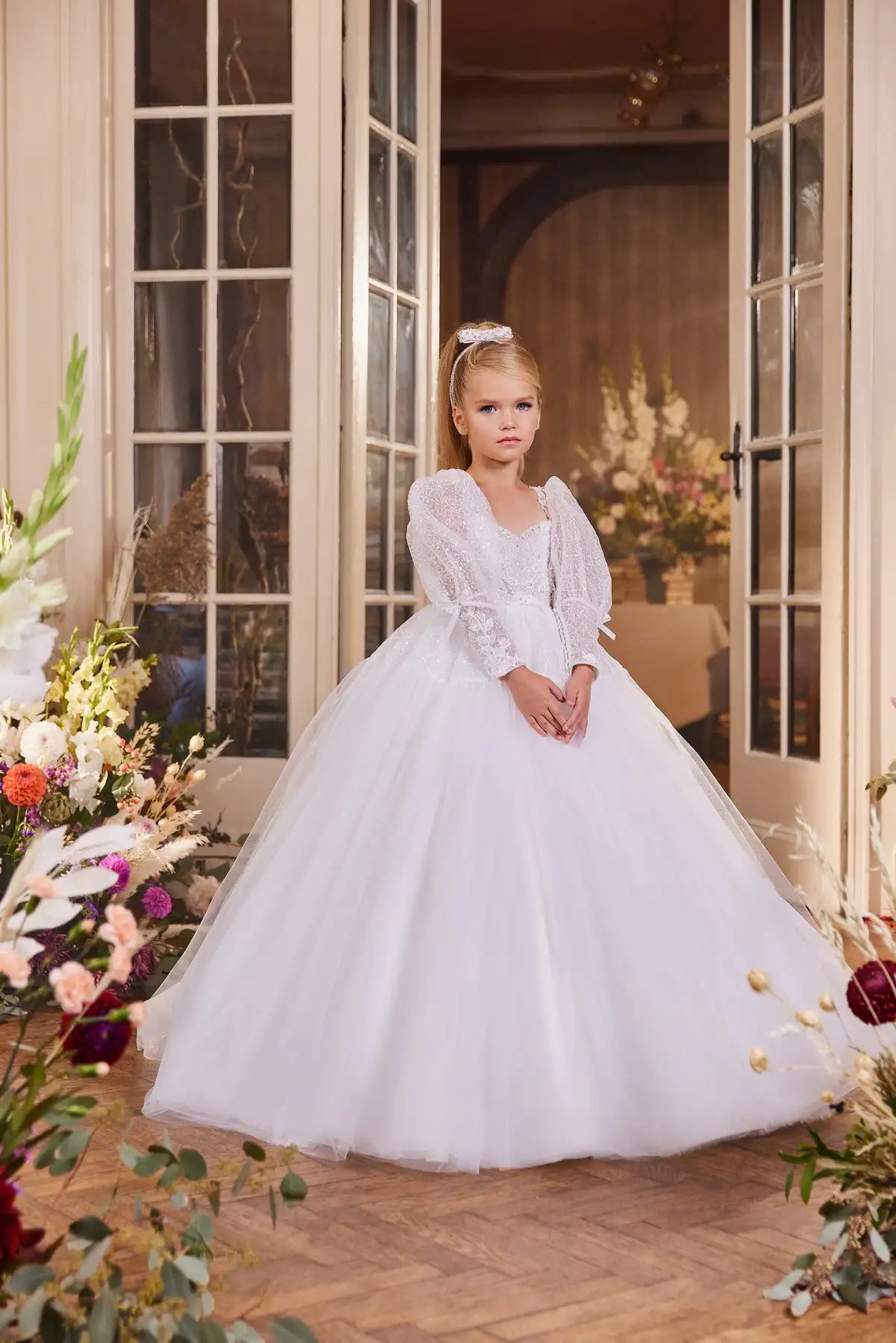 Elegant White Ball Flower Girls Dress for Wedding Detachable Sleeve Lace Beading Party Pageant Gowns Kids Birthday Dresses