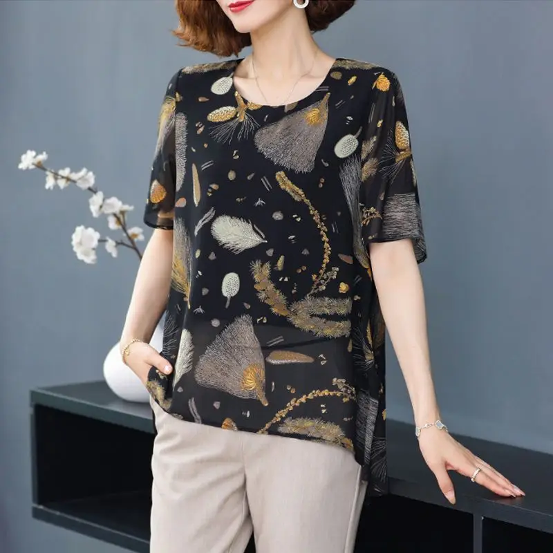 Vintage Loose Printed Stylish Spliced Shirt Women\'s Clothing Commute Round Neck Summer New Casual Short Sleeve Irregular Blouse