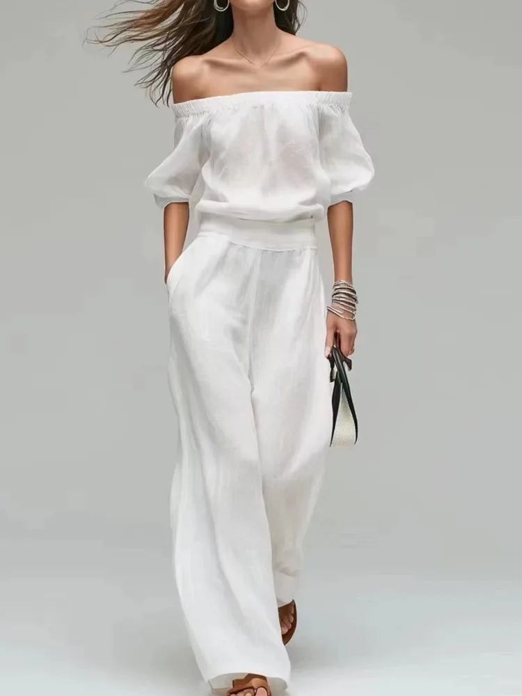 Summer New One-shoulder Waist Top + Wide-leg Pants Set Elegant And Fashionable Solid Color Casual Holiday Party 2-piece Set