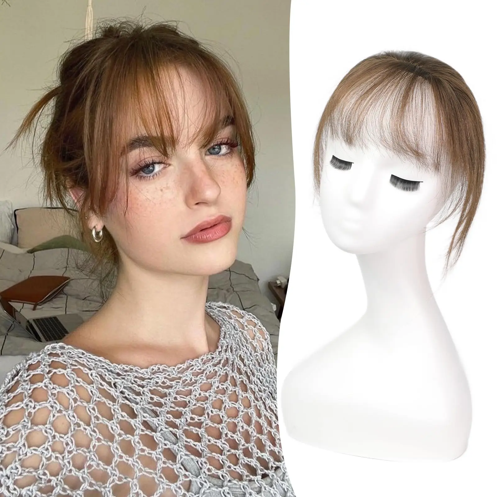 

100% Real Human Hair Bangs 3 Secure Clips in Remy Hair Extensions for Woman 360° Full Coverage Natural Air Bangs with Temples