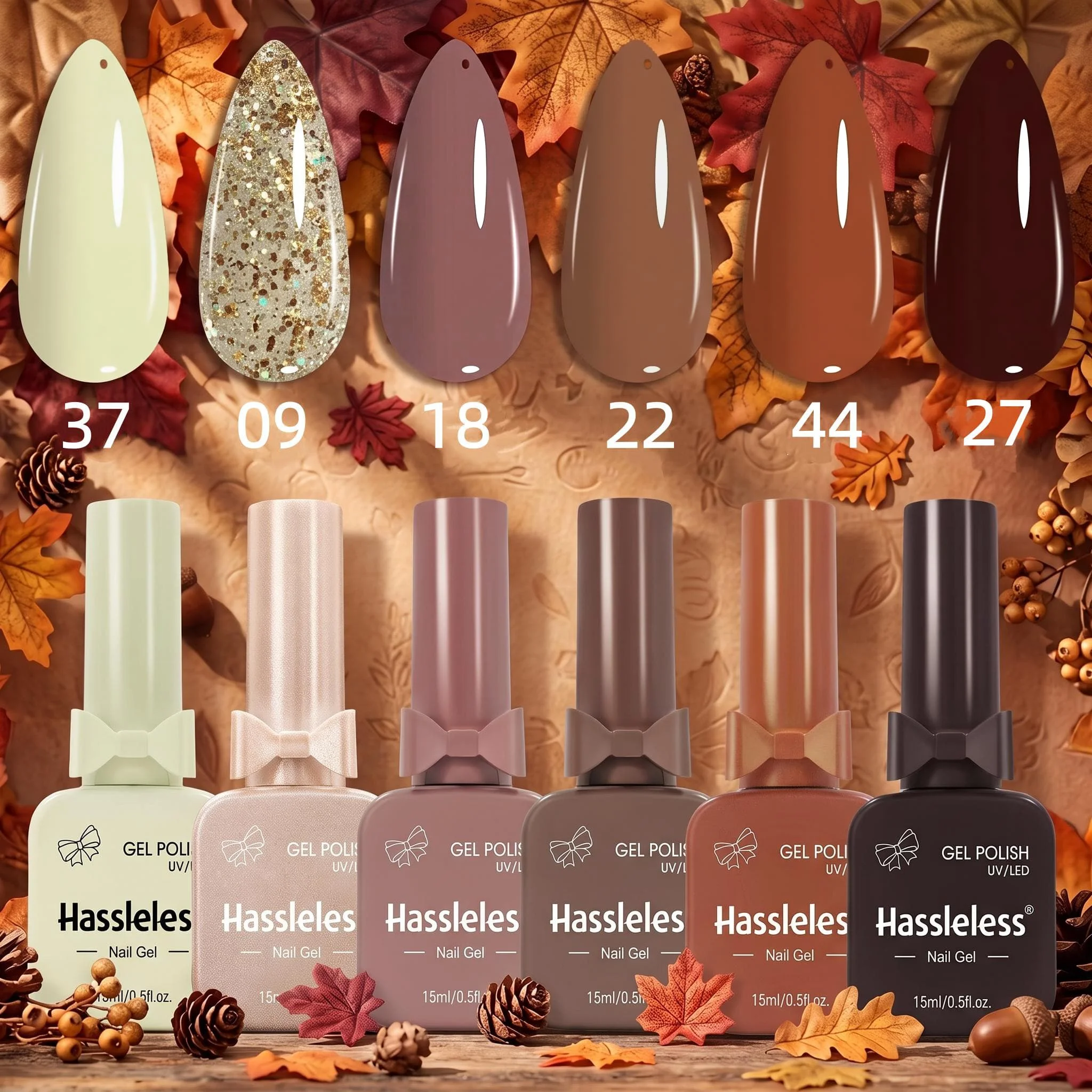 Hassleless Autumn and Winter Maple Leaf 6-Piece Gel Nail Polish Set 15ml Maillard Brown Solid Color Gold Glitter Nail Polish Removable Long-Lasting Mirror Gloss Nail Polish Home Salon DIY Nail Art Set