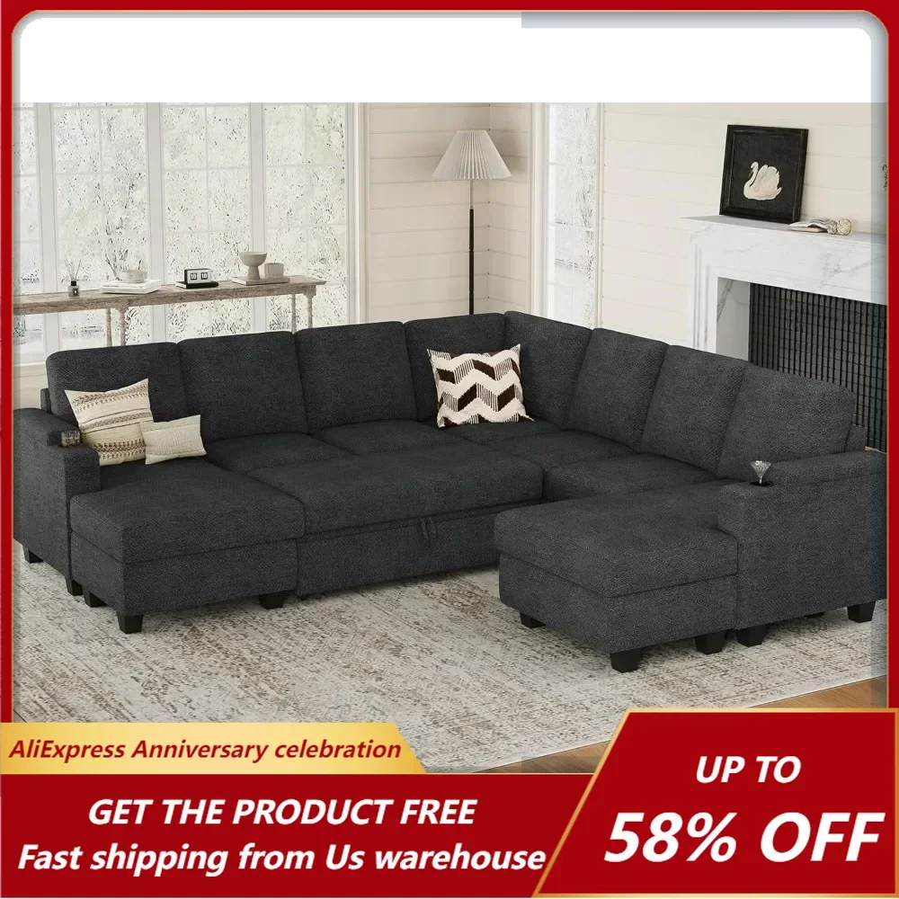 Modular Sectional Sofa， with Pull Out Couch Bed Sectional Couch Convertible Sleeper Sofa with Cup Holder，Style Modern