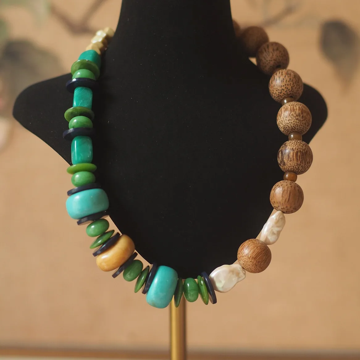 

French-Baroque Inspired Distinctive Necklace - Vintage-Western Coconut Wood, Colorful Artisan Beaded Jewelry with Ornate Flair