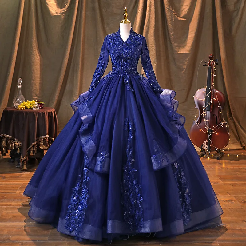 Robe de Quinceanera bleu royal à col en V, manches longues, perles en dentelle, robe de reconstitution historique Sweet 16, jupe à volants, Rhde promo de princesse, peu importe, nouveau