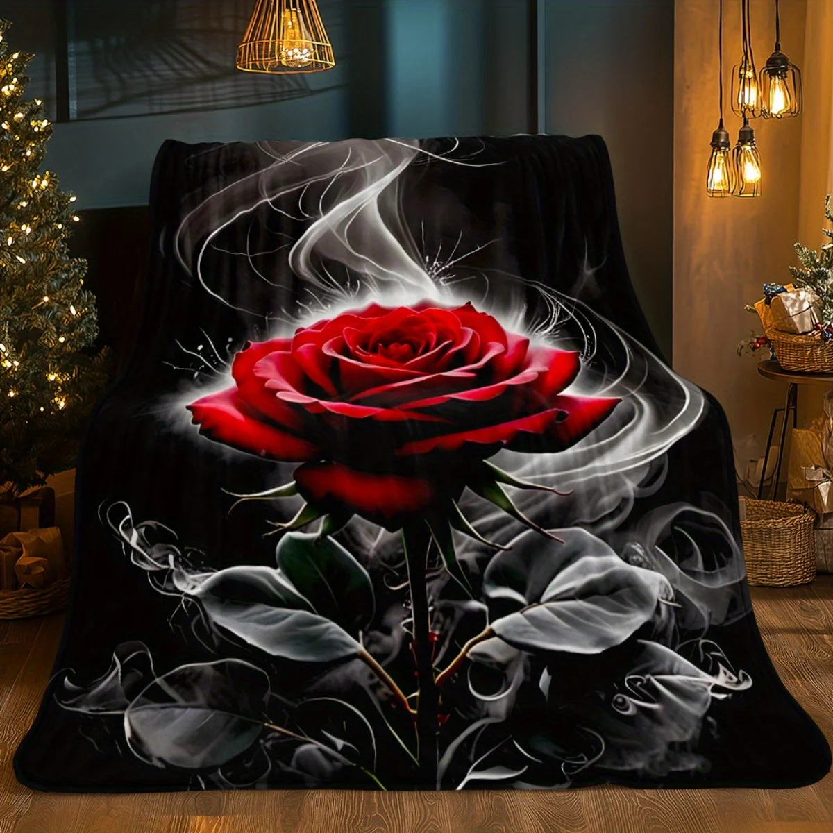 Black Background Red Rose Smoke Gothic Flannel Blanket for Dramatic Bedroom Decor Lightweight Plush Throw Blanket Accent