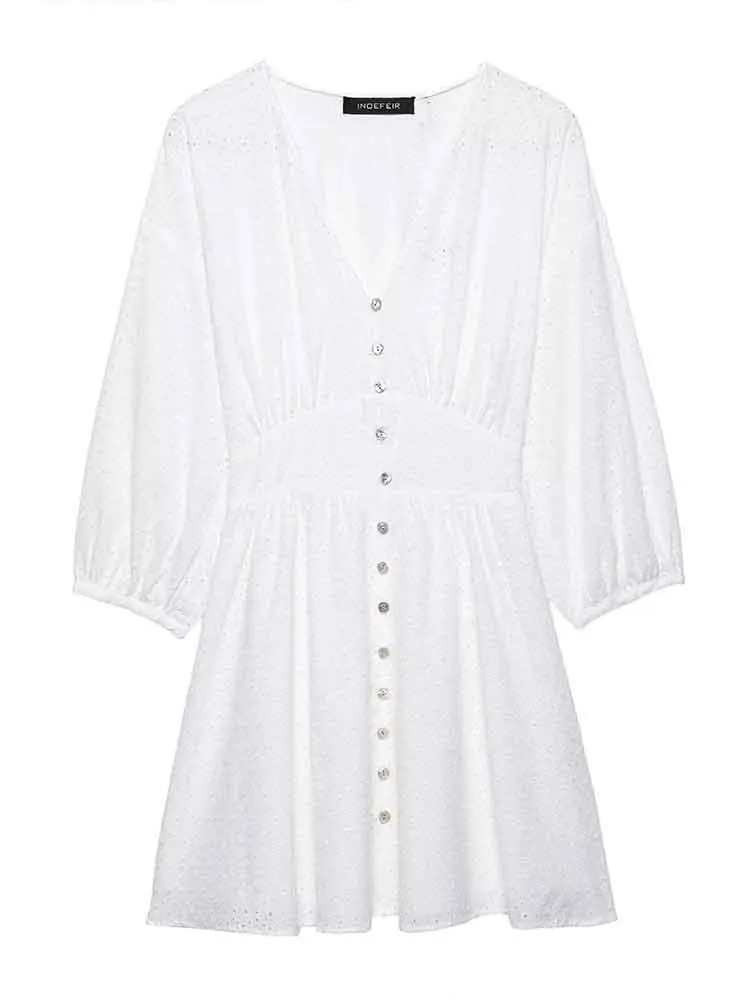 

European style new women's fashion versatile temperament white hollow embroidery V-neck mini dress