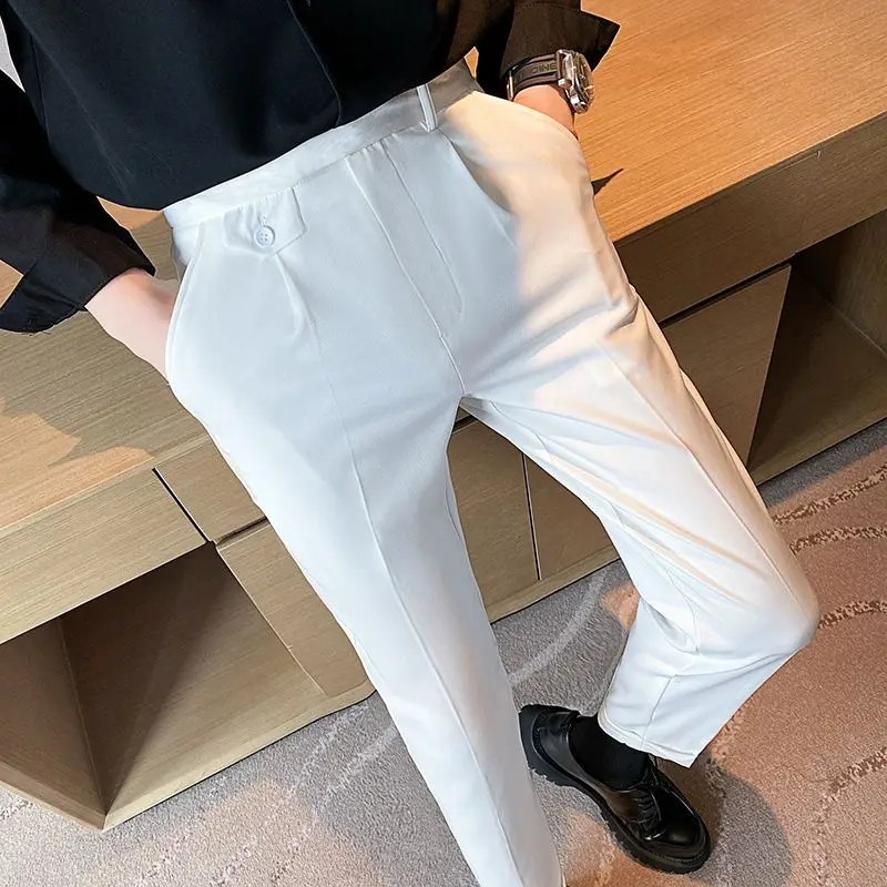 

2023 New Men Pockets Pants Ankle Length Business Suit Pants Classic British Style Slim Casual Trousers Male Brand Clothing Y392