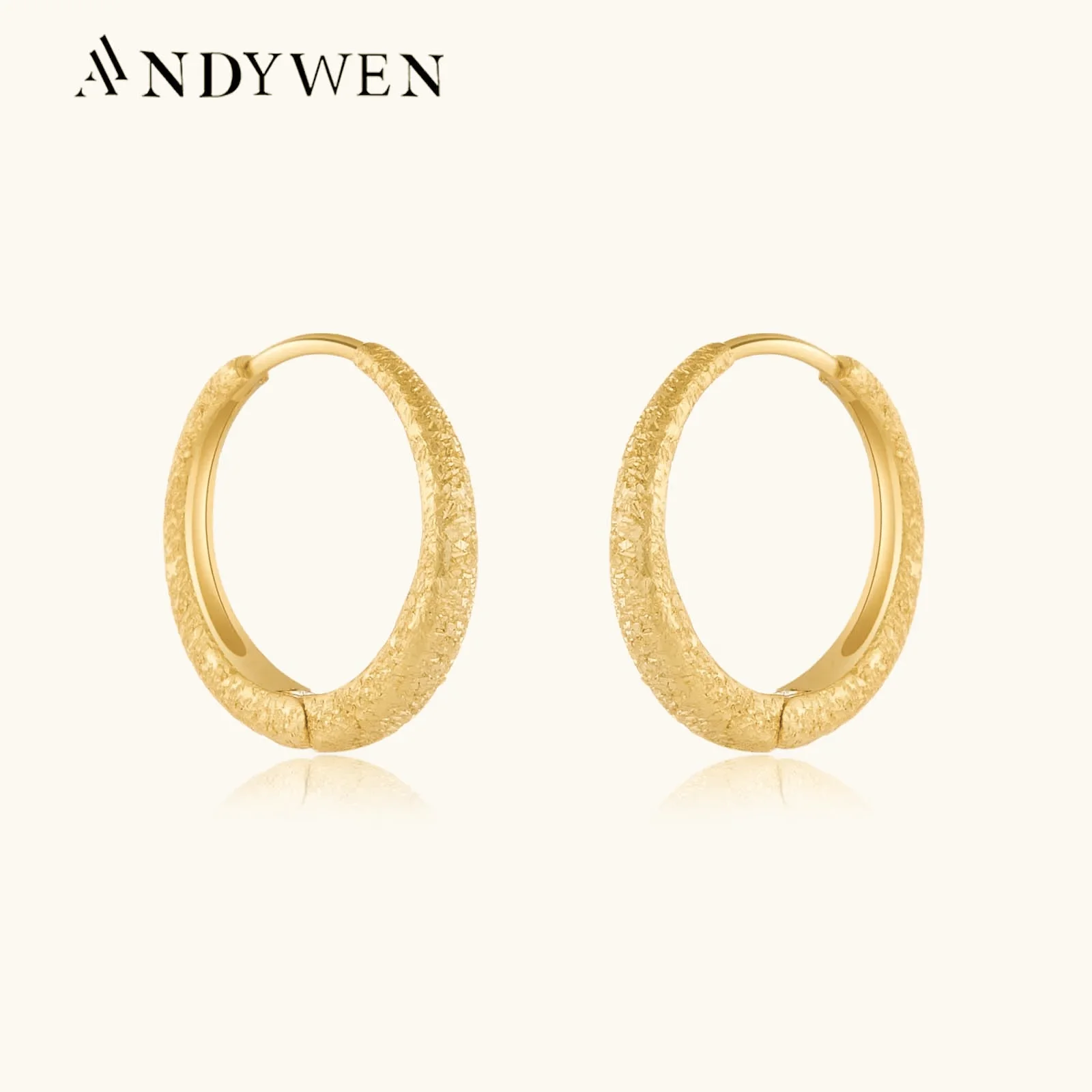 

ANDYWEN 925 Sterling Silver 13mm Frosted Hoop Huggies Earring Rock Punk Clips Piercing Rock Punk Luxury Fine Jewelry